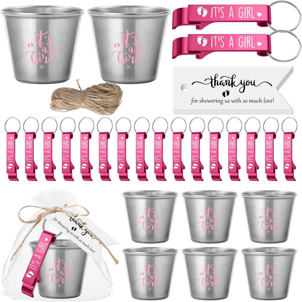25 Sets Baby Shower Favors for Girls Boys 1.5 oz Stainless Steel Shot Glasses Cute Bottle Opener Keychains Thank You Tags and Bags Gender Reveal Party Favors Guest Return Gift (Pink)